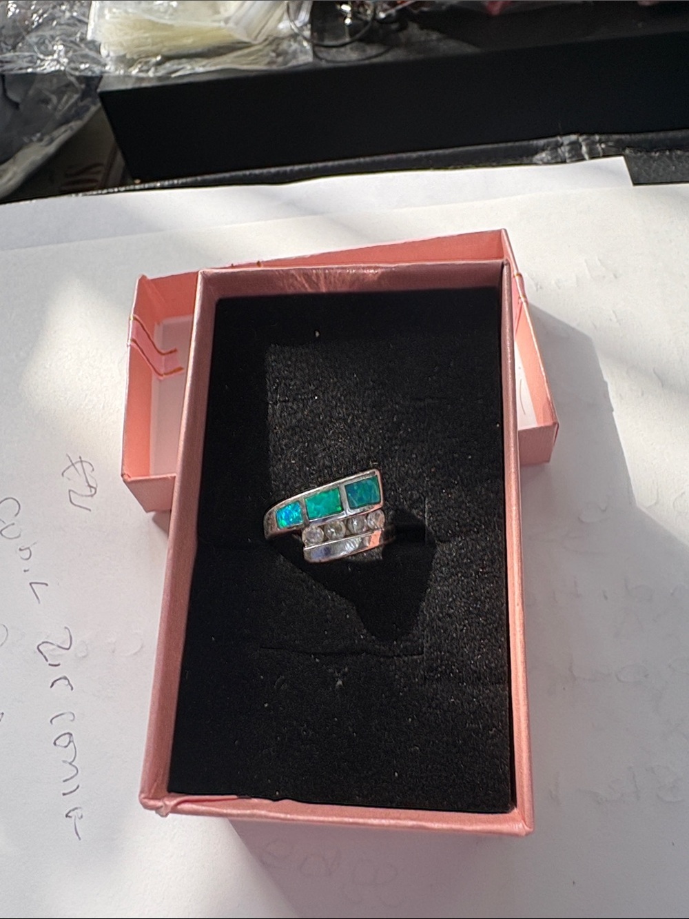 Vintage 925 Sterling Ring with Green/Blue Opal Inlay and Cubic Zirconia Ring - Picture 4 of 7